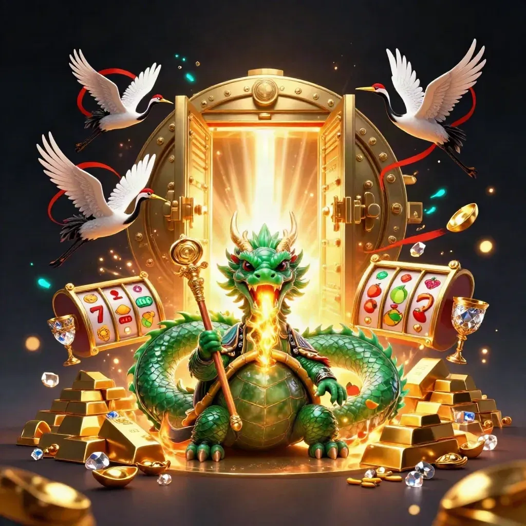 Jade dragon, turtle sage, and cranes burst from a gold vault amid casino reels and gems.