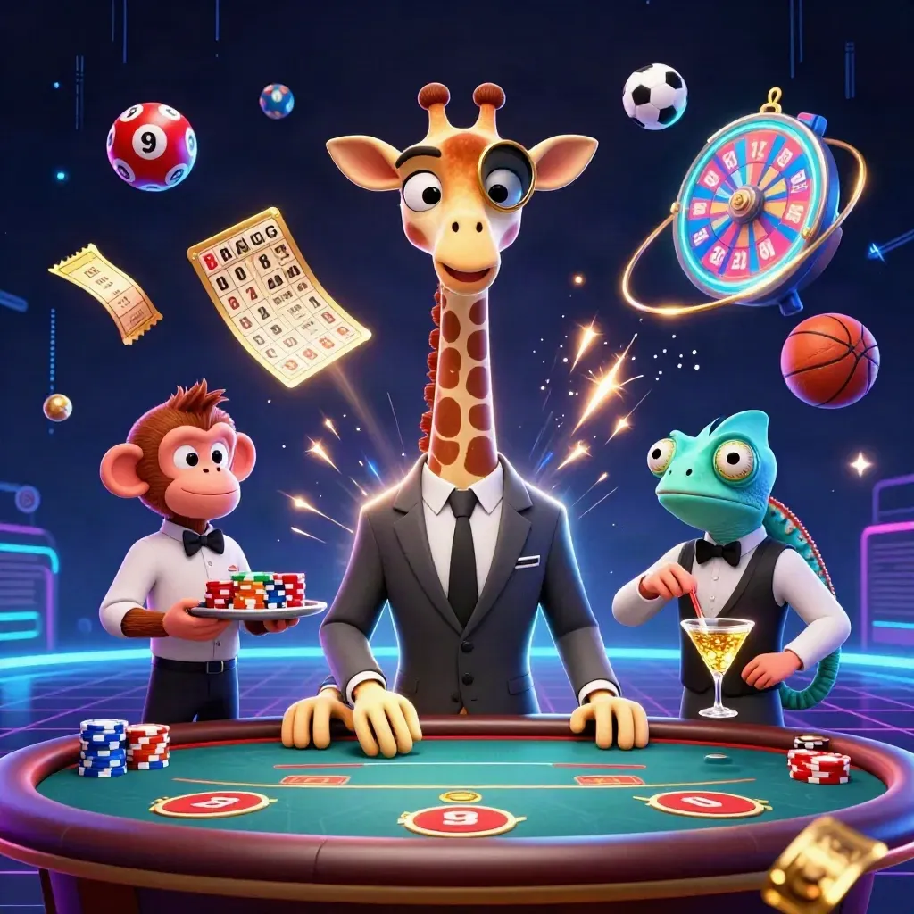 Giraffe, monkey, and chameleon at a neon casino table with sports balls and glowing game props.