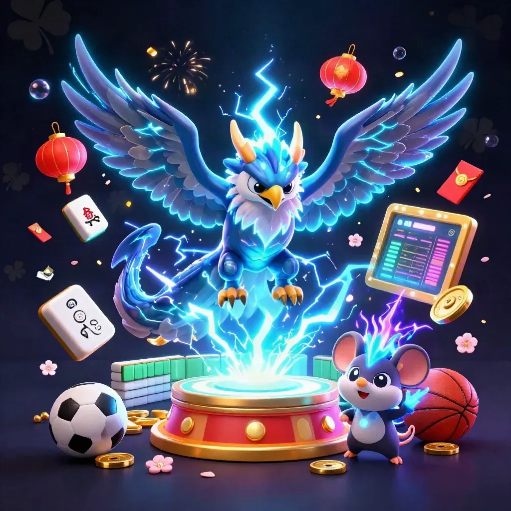 Thunder dragon, hawk, and mouse amid casino tokens, fireworks, and neon glow.