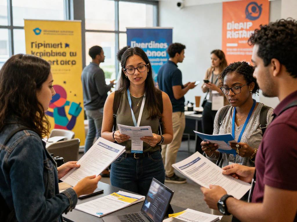 Dynamic recruiting event scene where job seekers engage in หางาน opportunities with recruiters.