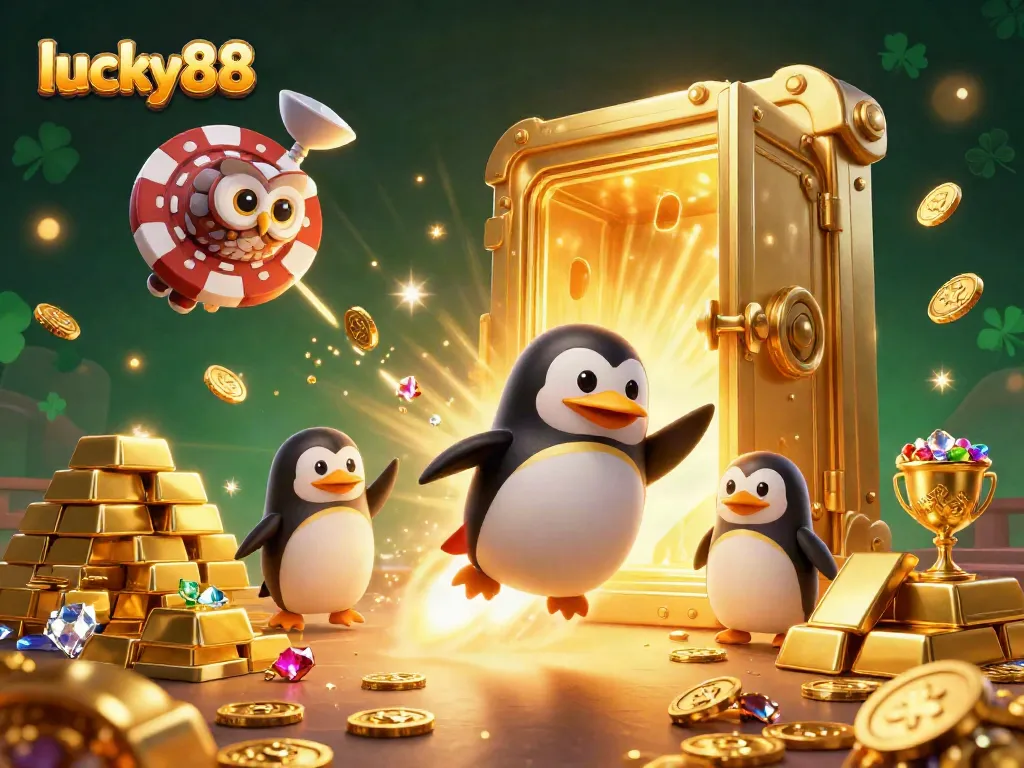 Experience the thrill of lucky88 with a 3D penguin soaring through a vibrant casino universe.