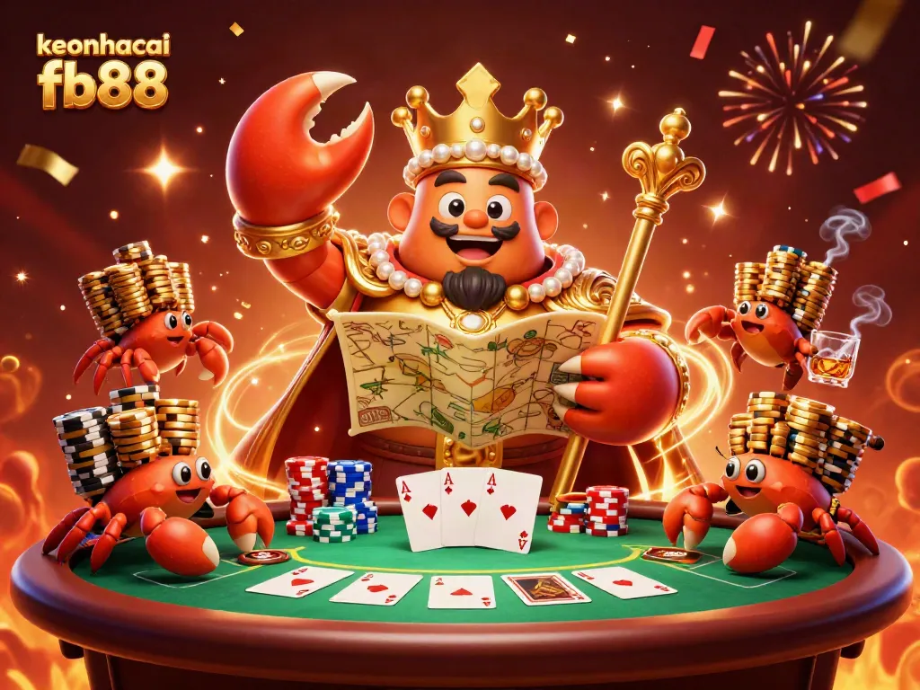 Experience thrilling gaming with keonhacai fb88, as a golden crab emperor presides over a lively poker scene.