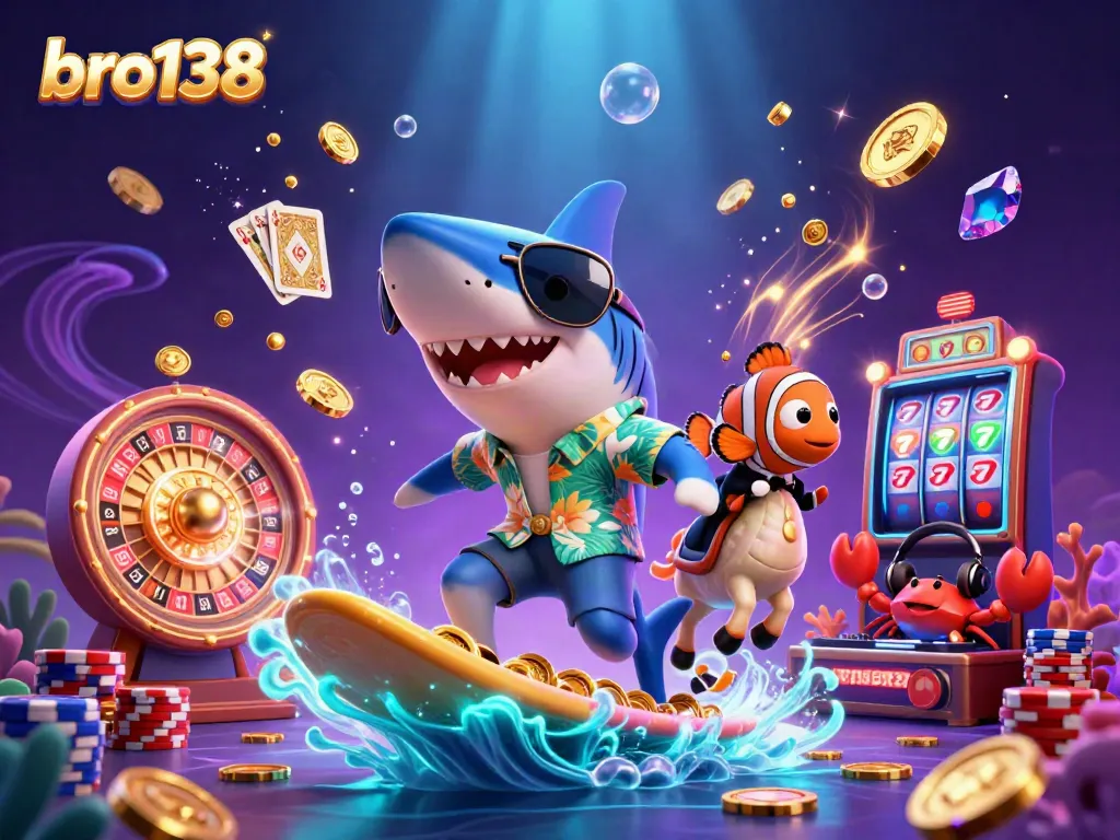 Surfing shark and friends celebrate big wins at bro138 online casino with golden elements and vibrant energy.