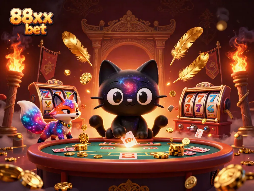 Engage with the cosmic casino adventure at 88xx bet, featuring a black hole cat and nebula fox amid vibrant slots.