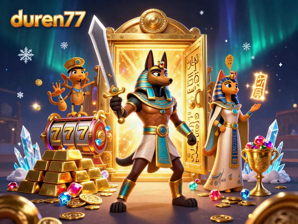 Pemain menyelami pengalaman bermain di duren77 dengan karakter Anubis dan Bastet, simbol permainan slot menyebar di sekeliling.