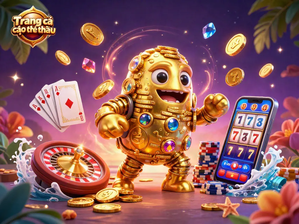 Engage with Trang cá cược thể thao through this vibrant scene of a golden golem and casino elements showcasing thrilling gambling action.