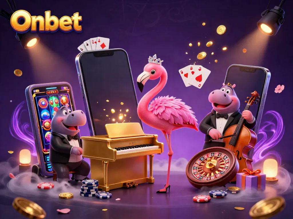 Engage in thrilling gameplay with Onbet's vibrant scene featuring casino characters and dynamic game elements.