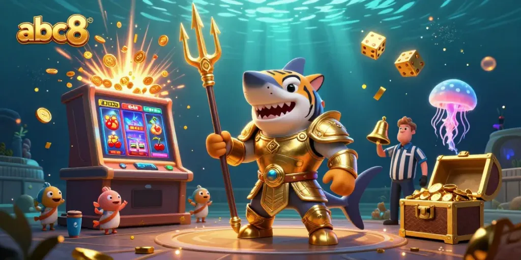 Experience the excitement of casino gaming with abc8's dynamic underwater scene featuring a gladiator shark, slot machines, and vibrant game elements.