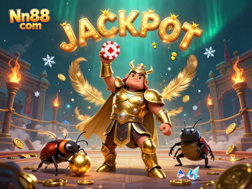 Engage with Nn88 com as a herculean beetle hero celebrates a jackpot victory in an artistic casino scene.