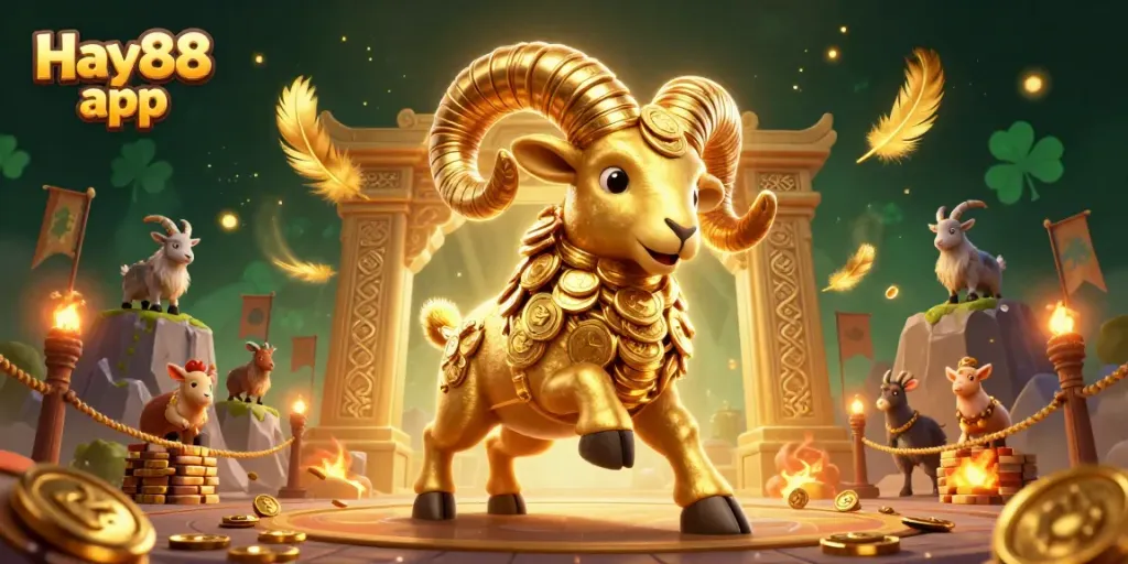 Experience the excitement of betting with the Hay88 app featuring dynamic golden ram characters and playful action.