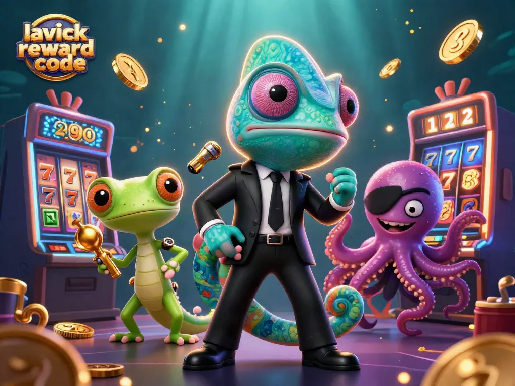 Win big with the lavish luck reward code in this vibrant casino-themed illustration featuring cartoon characters and slot elements.