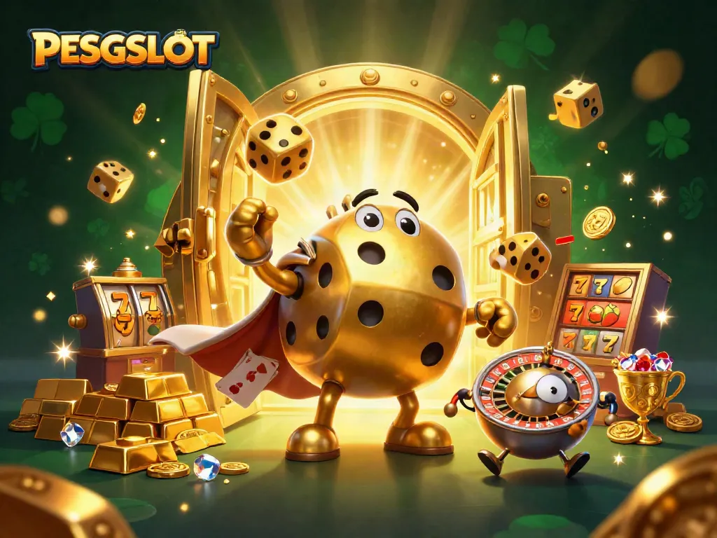 Experience PESGSLOT action with dynamic golden dice jugglers and jackpot symbols in a rich casino scene.