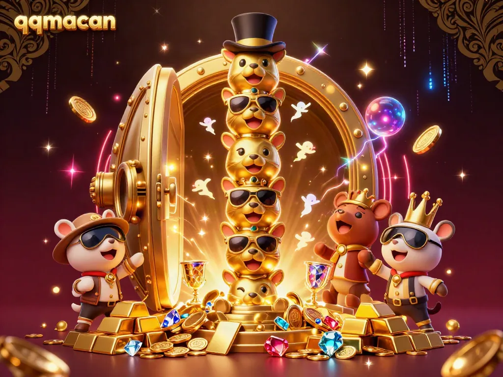 Engage in thrilling gameplay with qqmacan, featuring a vibrant 3D casino scene full of dynamic characters and treasures.