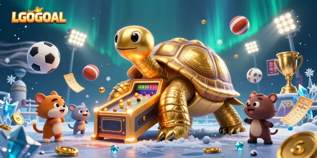 Play LGOGOAL with a lively golden tortoise pinball machine surrounded by sports elements.