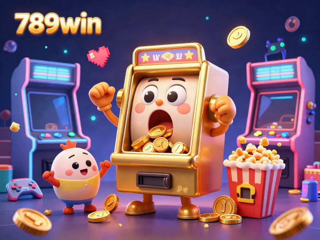 Spin and win with the lively 789win slot machine, surrounded by cheering arcade characters and colorful casino elements.