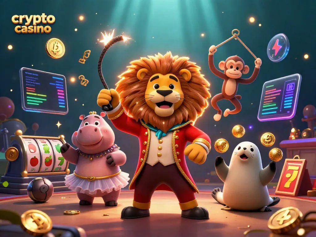 Engage with the vibrant scene of a crypto casino featuring animated characters and Bitcoin elements.