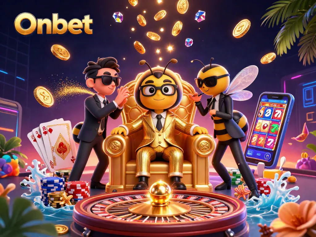 Win big with Onbet's vibrant casino scene, featuring a bumblebee mob boss and exciting game elements.