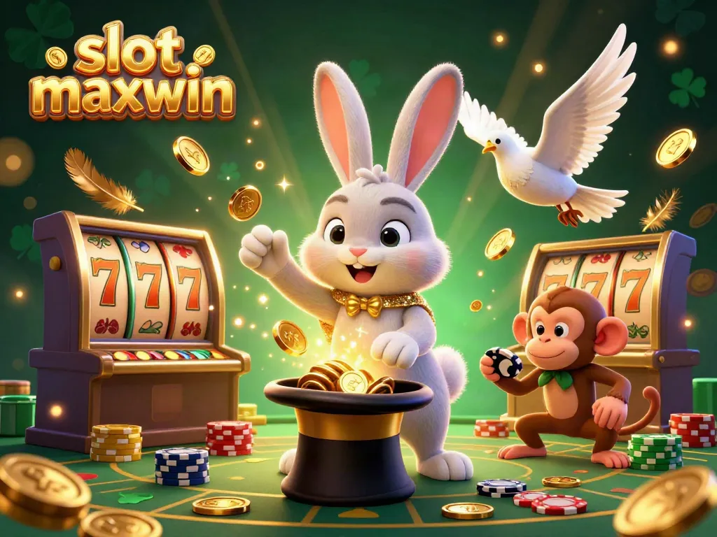 Experience the excitement of slot maxwin with a playful scene featuring a magician rabbit, dove, and monkey amidst dynamic casino elements.
