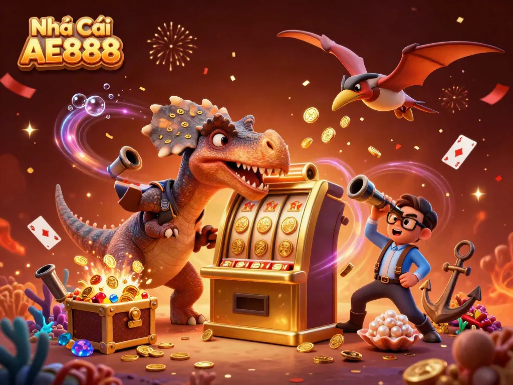 Nhà Cái AE888 features a dynamic scene of cartoon dinosaurs celebrating jackpot winnings at a casino slot machine.