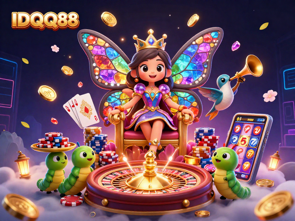 Experience the excitement of IDQQ88 with vibrant characters and rich casino elements in this 3D illustration.