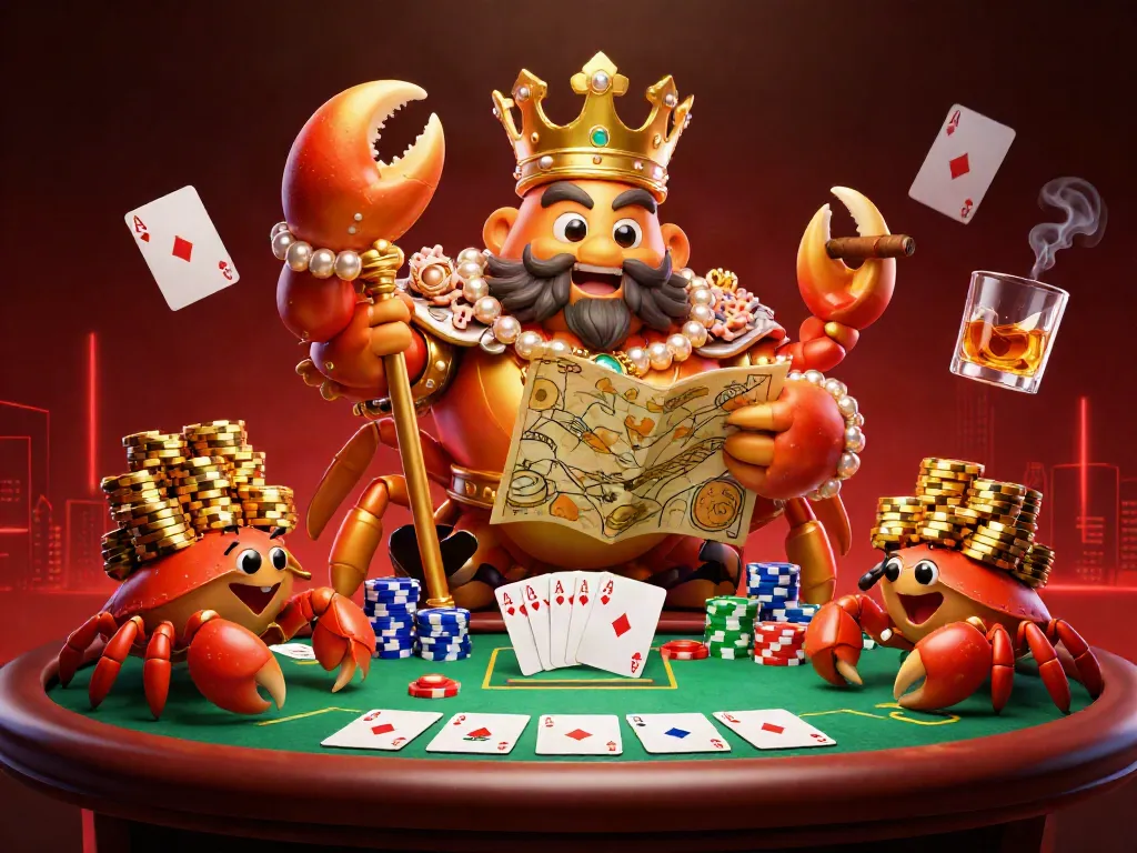 Engage with Glomex as a golden crab emperor oversees a vibrant poker scene filled with chips and cards.