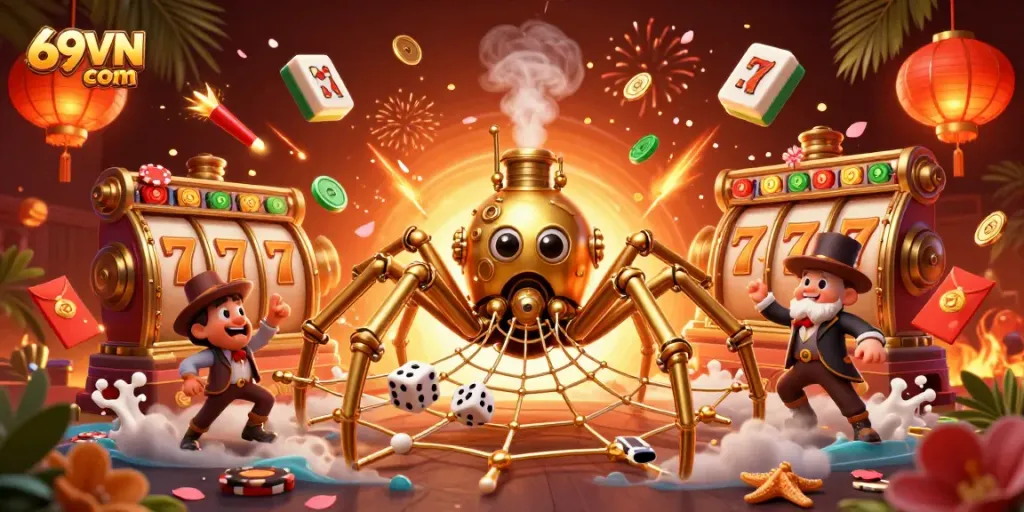 Engage with thrilling gameplay at 69VN com, as a golden spider catches dice while overlaying slot reels and vibrant icons.
