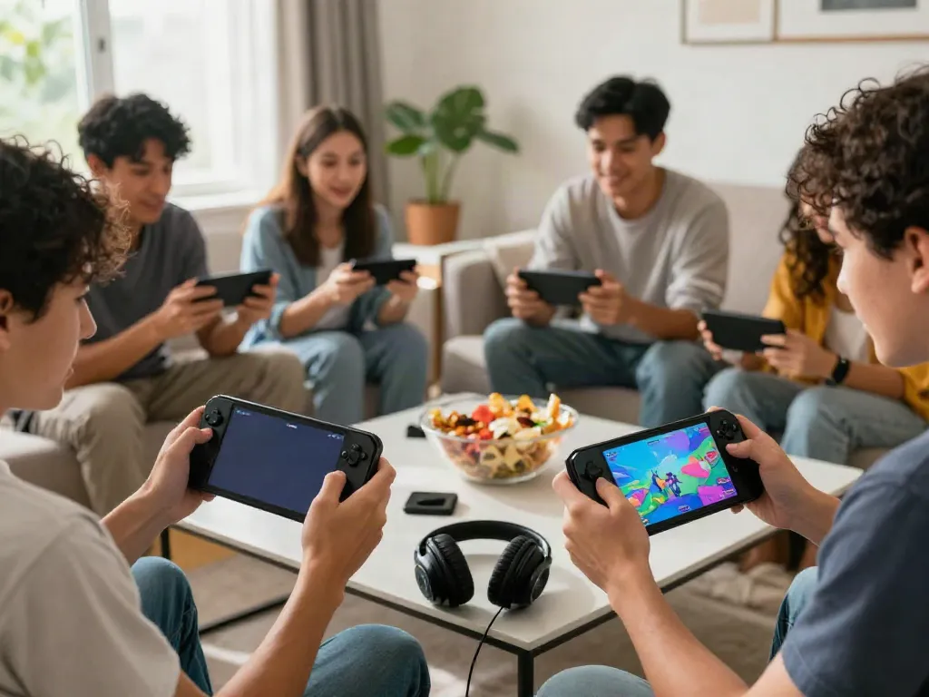 Engaged player enjoying yono games on smartphone in a vibrant living room.