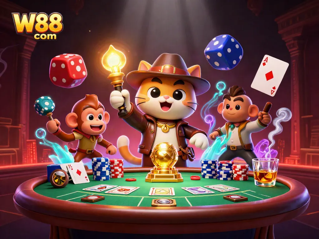 Experience the thrill of gaming at W88 com in this vibrant casino-themed 3D illustration.
