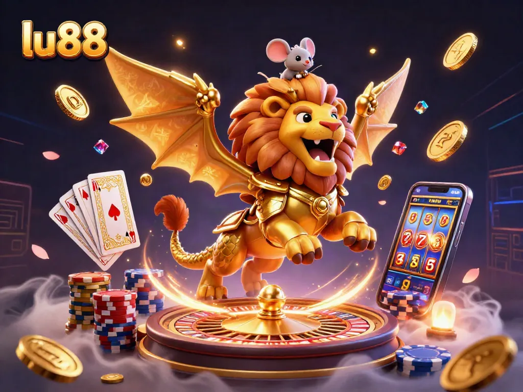Experience thrilling gaming with lu 88 as a roaring chimera, vibrant poker chips, and dazzling coins light up the casino.