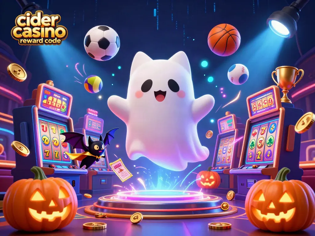 Engage with Cider Casino reward codes in this vibrant scene featuring a ghost cat and a vampire bat.