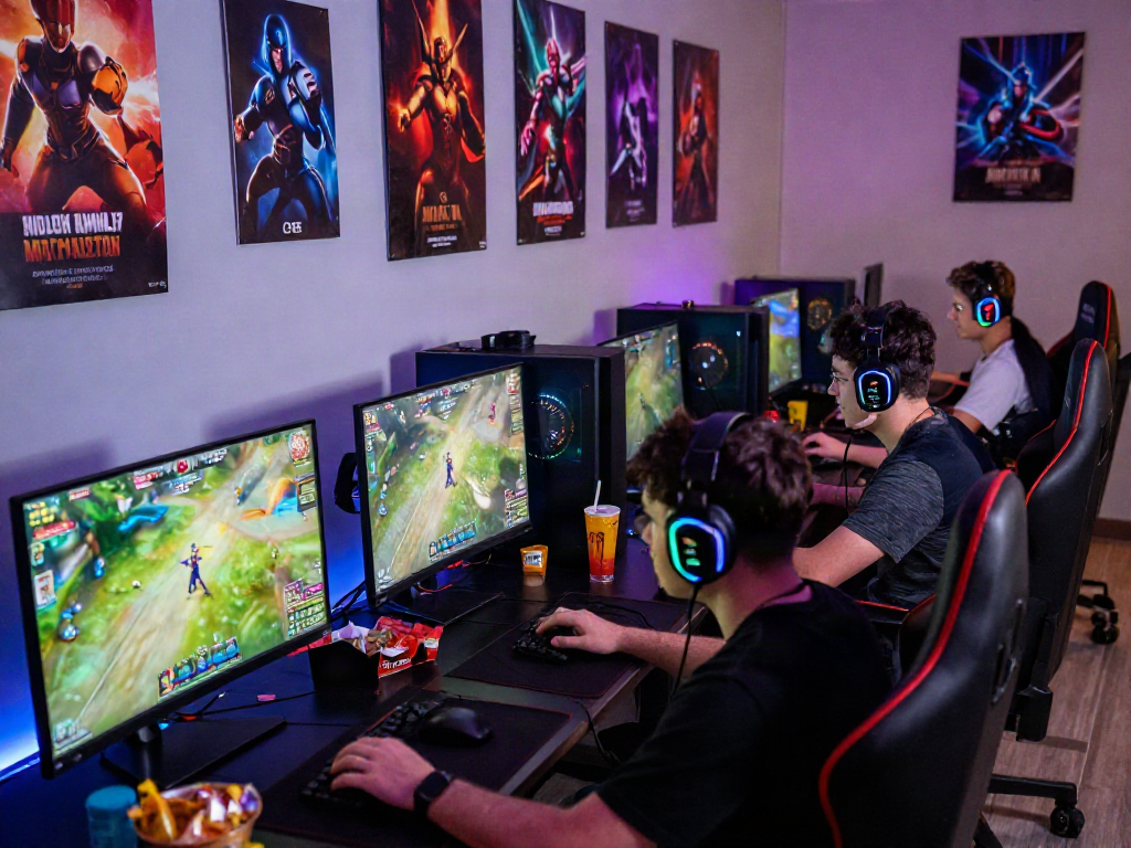 Aktivitas gamers pada platform luxury111 dengan suasana seru dan peralatan gaming modern.