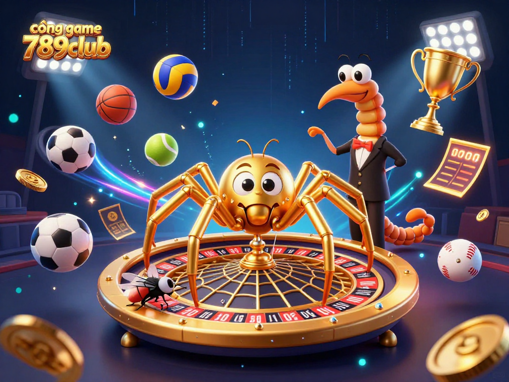 Experience thrilling bets in the cổng game 789club with a golden roulette wheel, a spider, and lively game elements.