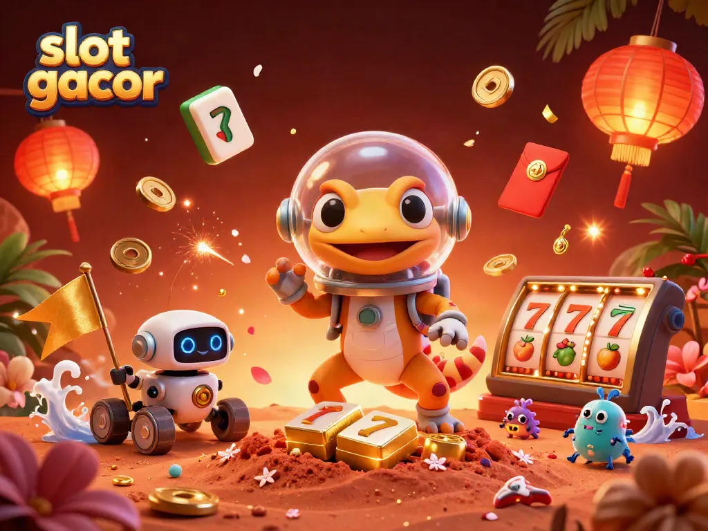 Engage with slot gacor as a Martian gecko reveals a golden casino amid vibrant illustrations.