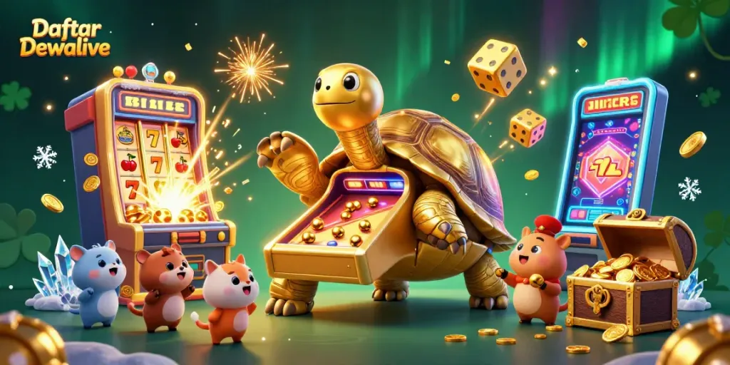 Experience the thrill of Daftar Dewalive with a playful golden tortoise and cascading slot winnings.
