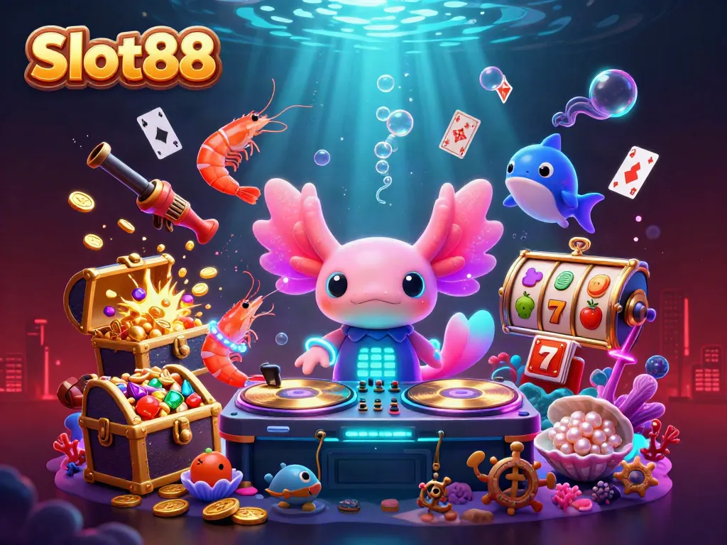 Engage in thrilling Slot88 gameplay with neon characters in a vibrant underwater casino scene.