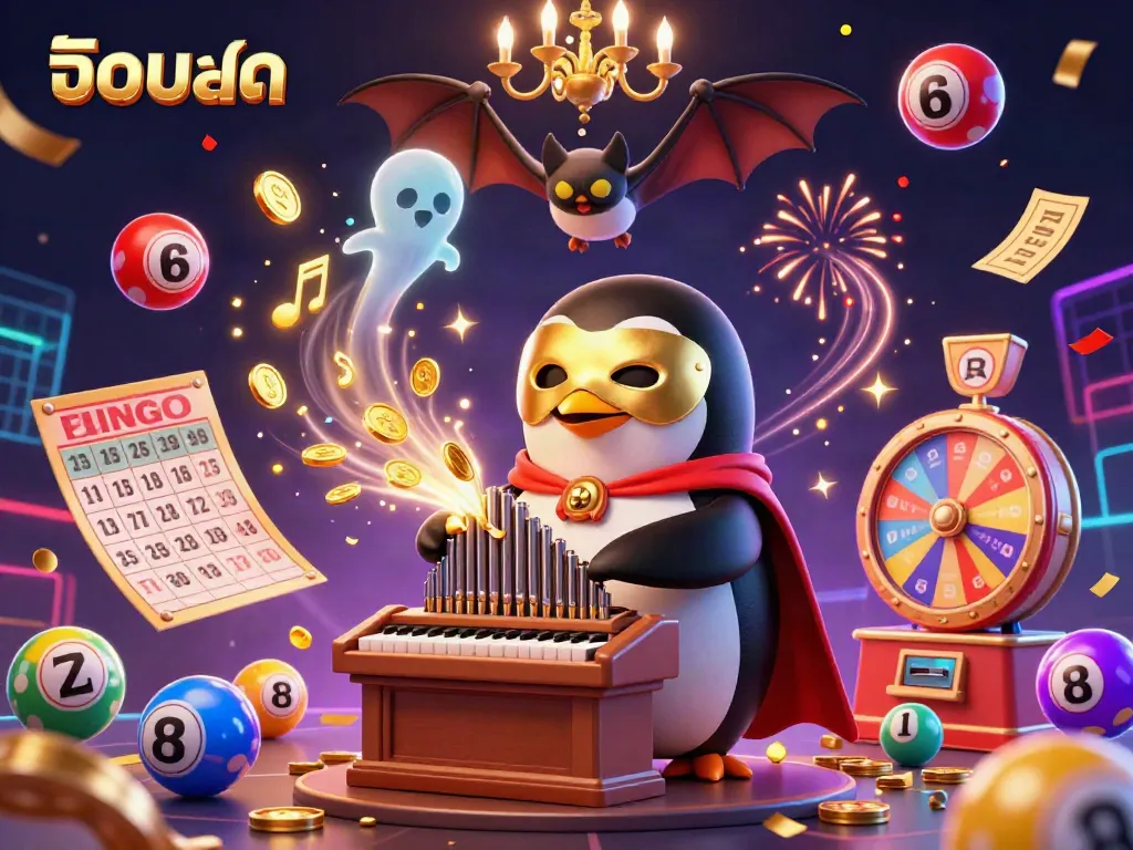 Experience interactive betting with บอลสด in this vibrant 3D scene, featuring an animated penguin and dynamic gambling elements.