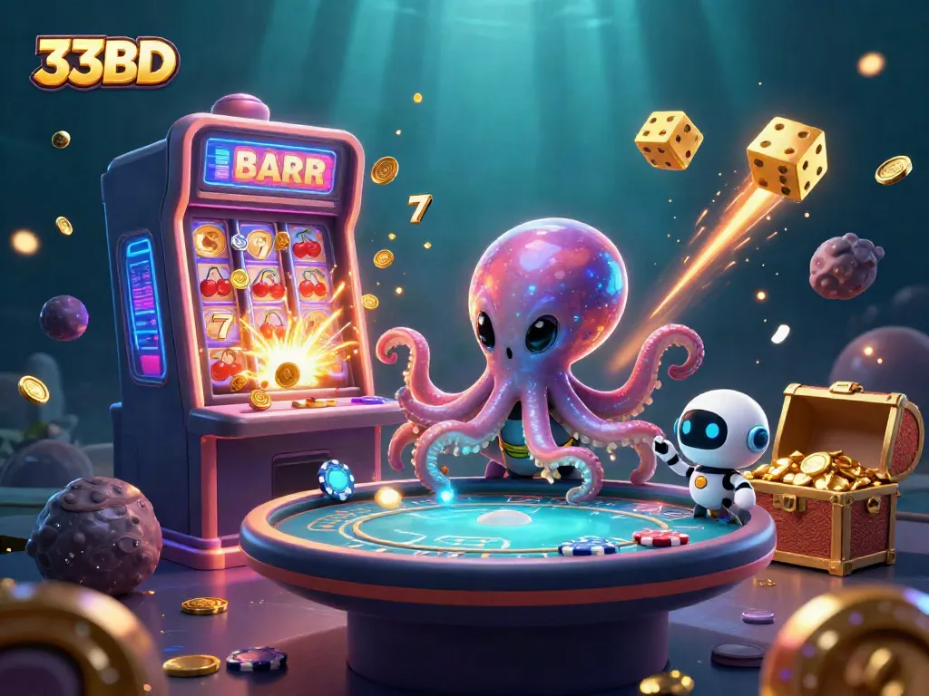 Experience thrilling gameplay with 33BD as an alien octopus and robot play casino games.