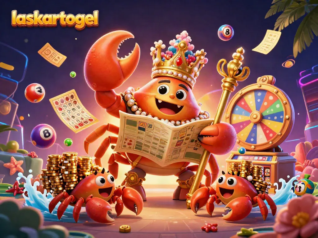 Experience the excitement of laskartogel with a vibrant 3D illustration depicting colorful lottery elements and a golden crab emperor.