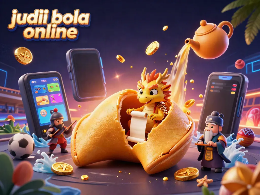 Experience thrilling judi bola online action with wise dragon and fortune cookie in vibrant 3D scene.