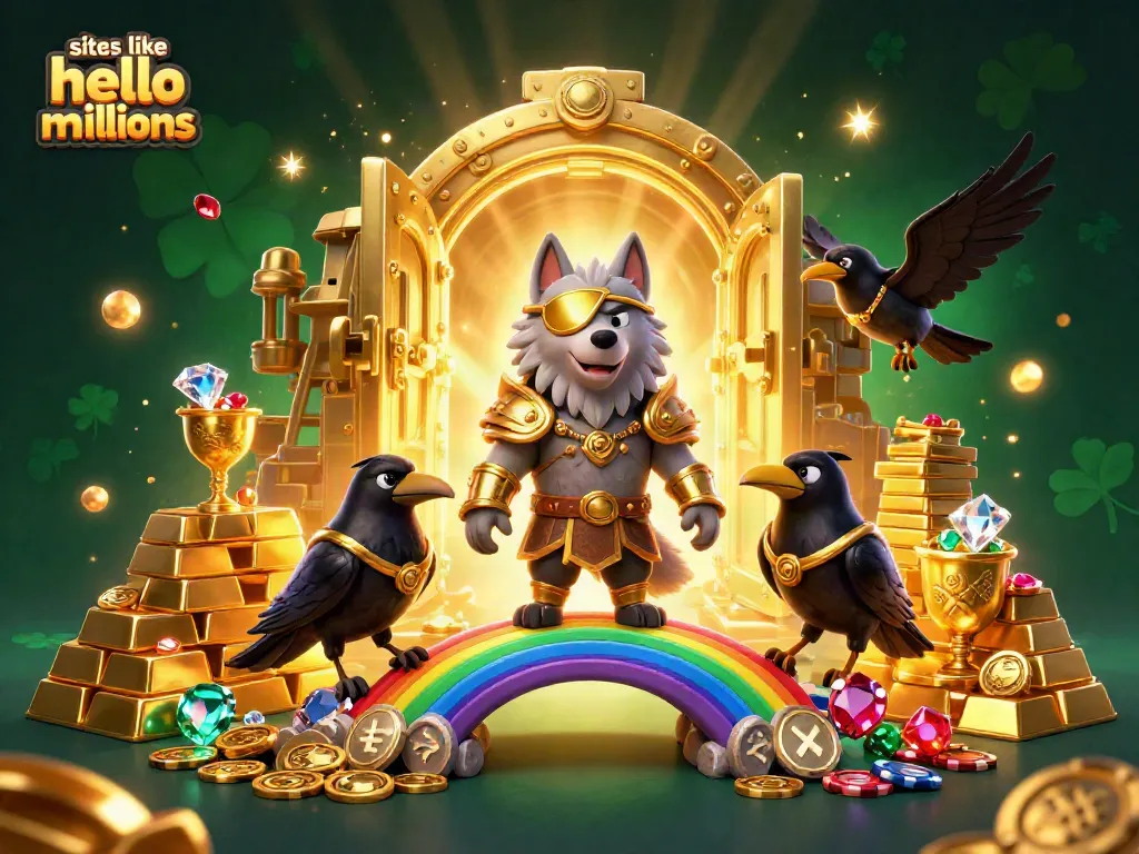 Play exciting games on sites like Hello Millions, featuring vibrant casino-themed 3D art and glowing treasures.