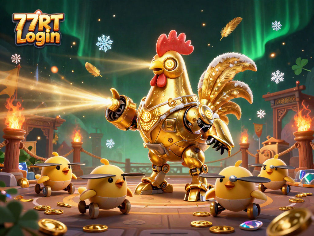Engage with 77RT Login while exploring a dynamic casino battle scene featuring a golden rooster robot.
