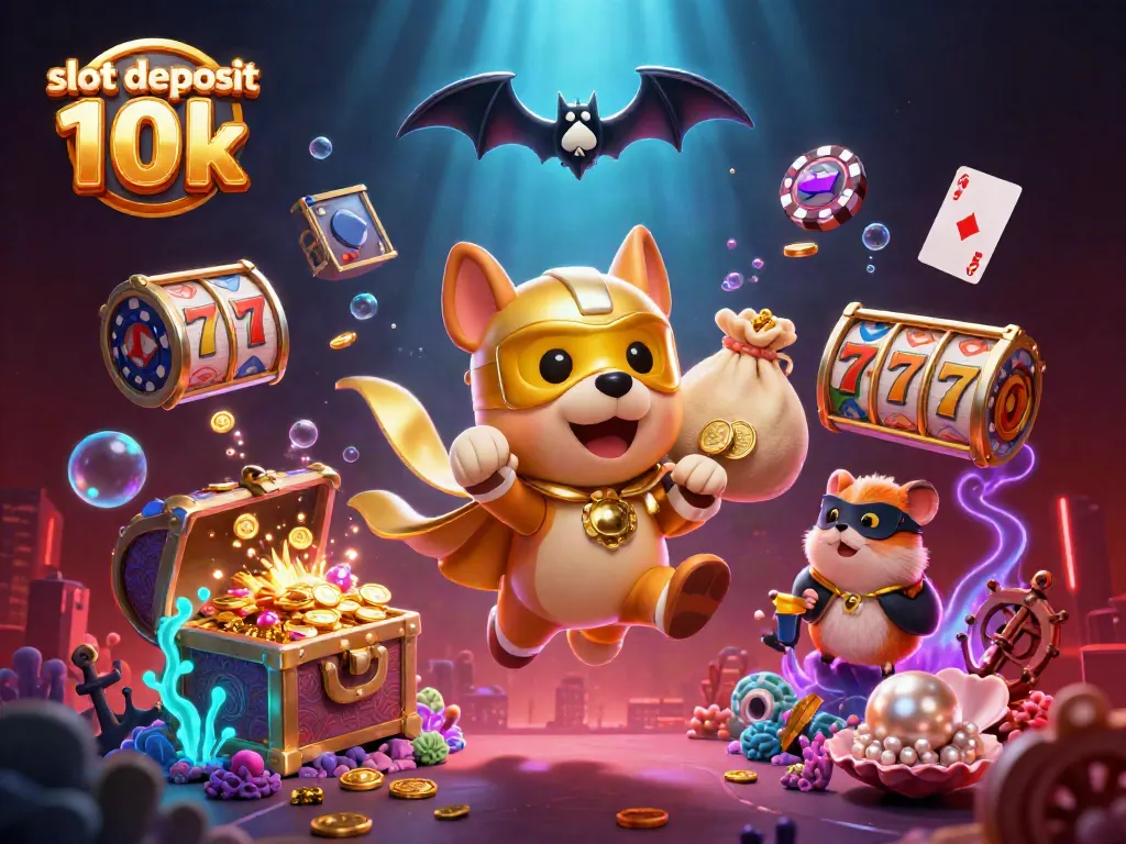 Engage in slot deposit 10k action with a superhero dog and treasures in a dynamic 3D illustration.