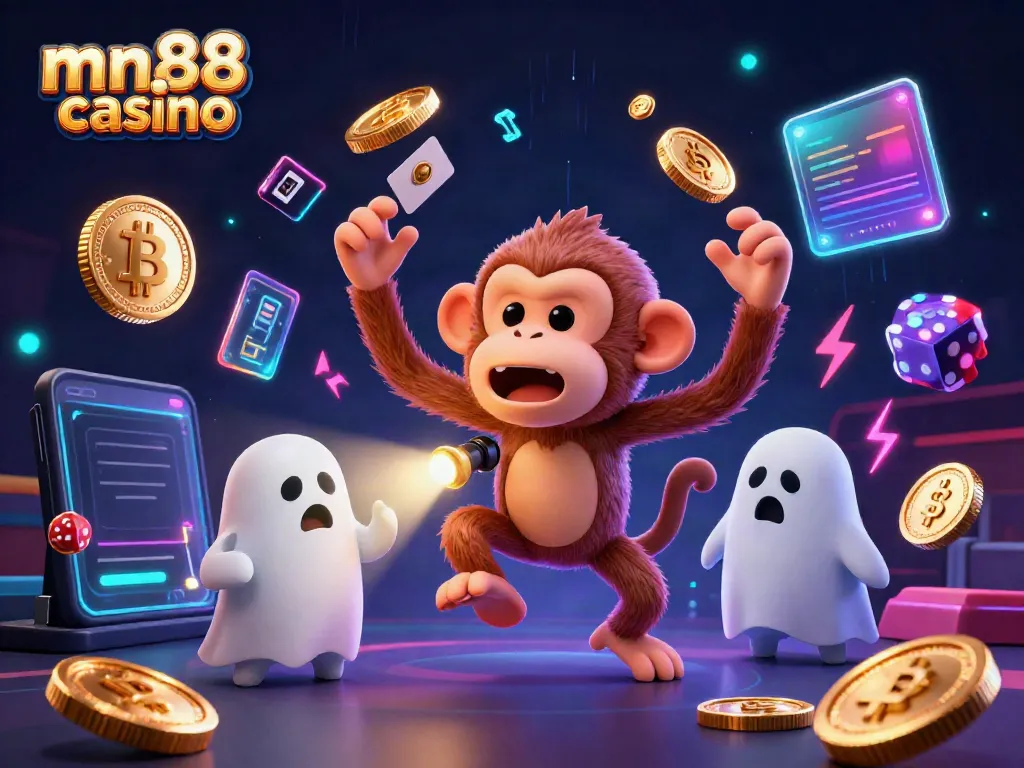 Experience the thrill at mn88 casino with a playful ghost monkey and a ghost-hunter puppy in a vibrant casino scene.