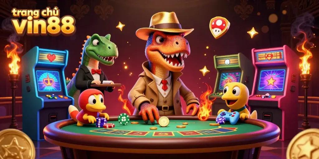 Experience thrilling gameplay at trang chủ vin88 with vibrant 3D casino elements featuring dinosaurs.