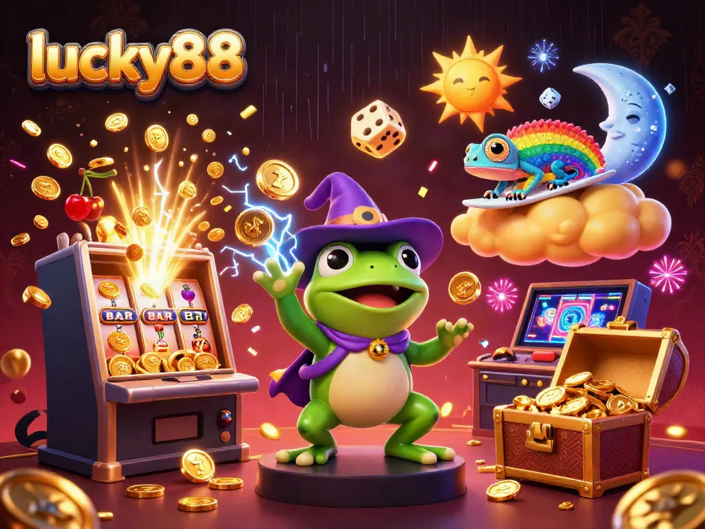 Experience the excitement of lucky88 with animated characters, golden coins, and dynamic casino elements.
