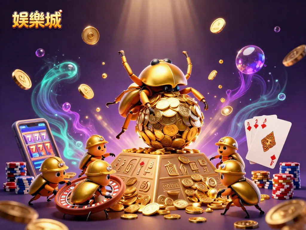 在娱乐场中,大金甲虫推着金币球向上滚,伴随着秘密符号的金字塔,创造出传奇的赌博场景。