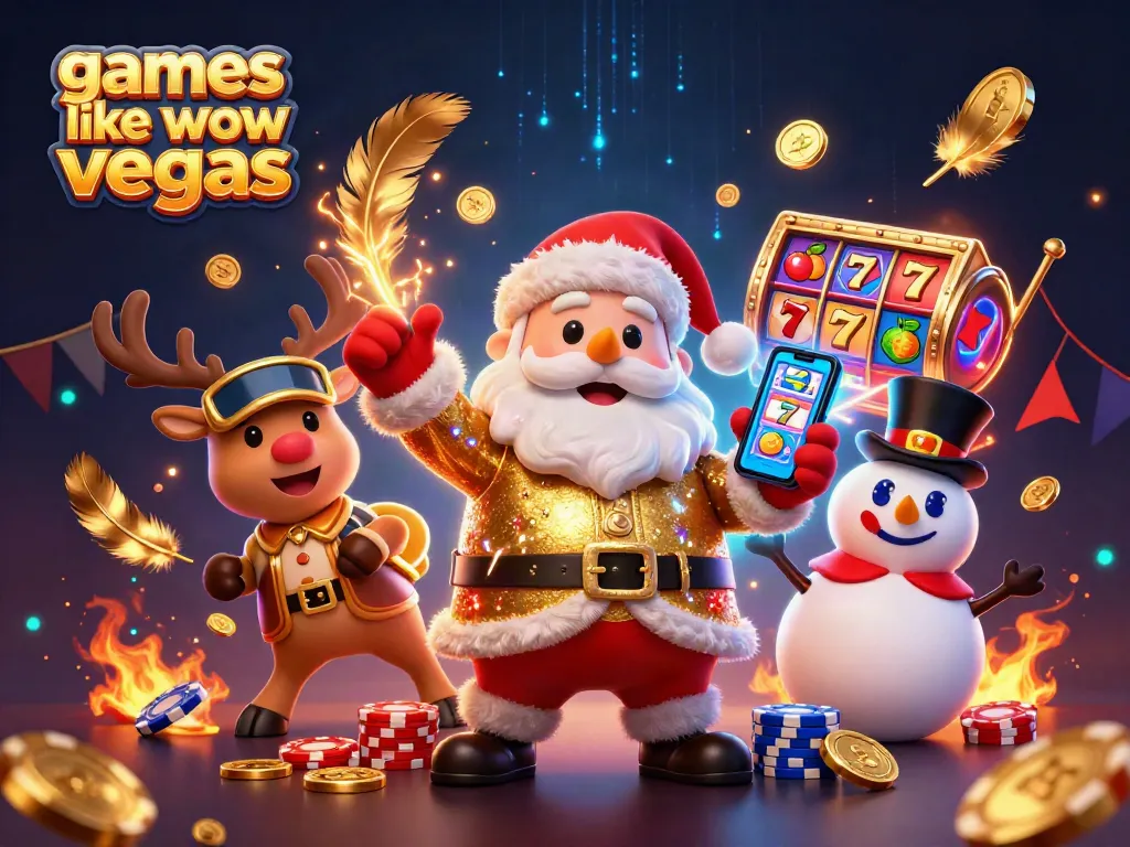 Experience the thrill of games like WOW Vegas with a festive casino scene featuring Santa and friends.