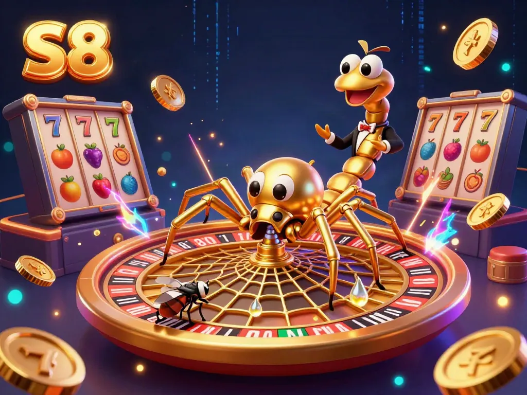 Engage in the S8 casino experience, with a golden web roulette wheel and animated characters.