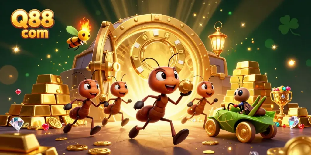 Engaging scene of ants stealthily carrying a giant poker chip in a vibrant Q88 com-themed casino heist adventure.