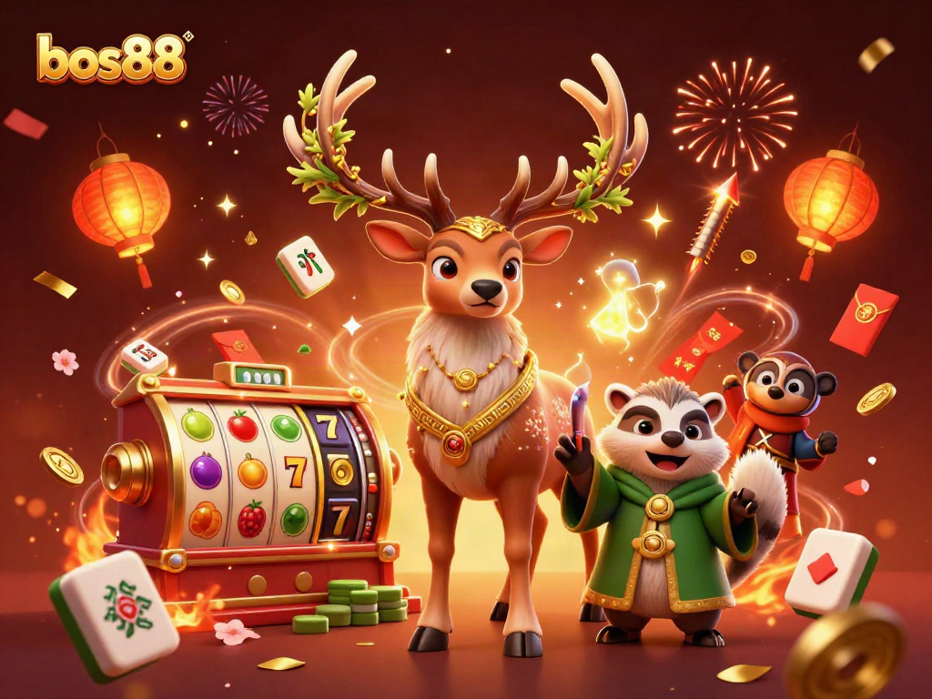 Menang besar dengan bos88 dalam suasana kasino yang meriah menggunakan simbol slot dan hiasan menarik.